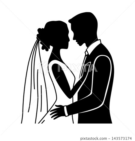 Silhouette of Bride and Groom Embracing with Flowing Veil Silhouette of Bride and Groom Embracing with Flowing Veil 143573174
