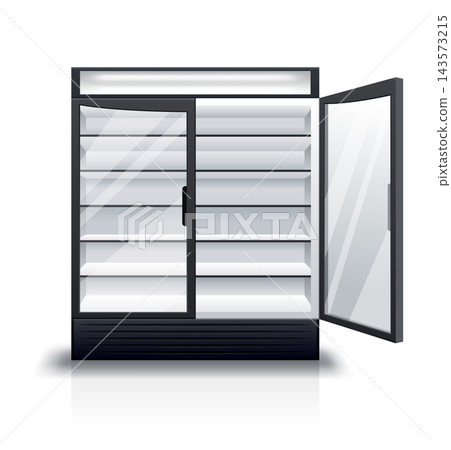Commercial fridge. Realistic empty refrigerator. Supermarket commercial freezer equipment. Freeze appliances for drinks and food Commercial fridge. Realistic empty refrigerator. Supermarket commercial freezer equipment. Freeze appliances for drinks and food 143573215