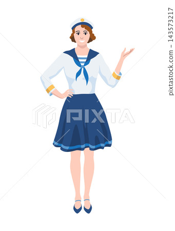 Smiling sailor woman sailor uniform skirt with raised hand gesture on white background full body art poster Smiling sailor woman sailor uniform skirt with raised hand gesture on white background full body art poster 143573217