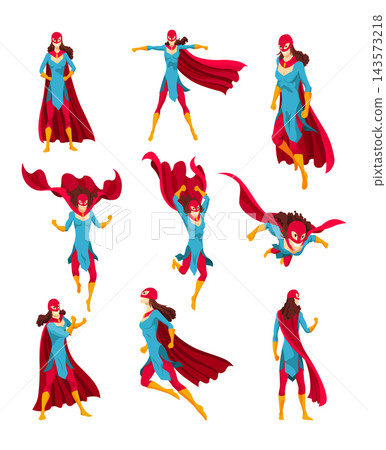 Female superhero character in blue bodysuit with red cape and mask shown in repeating action poses Female superhero character in blue bodysuit with red cape and mask shown in repeating action poses 143573218