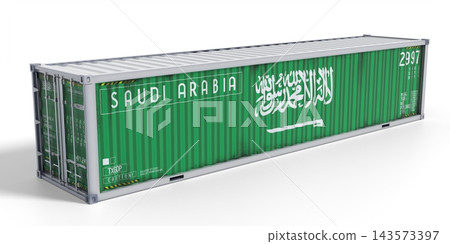 Saudi Arabia - 40 feet cargo container for international trade and logistics - 3D illustration Saudi Arabia - 40 feet cargo container for international trade and logistics - 3D illustration 143573397