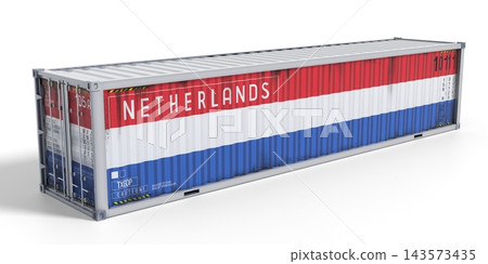 Netherlands - 40 feet cargo container for international trade and logistics - 3D illustration 143573435