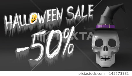 Halloween sale -50% - banner with a skull wearing witch hat Halloween sale -50% - banner with a skull wearing witch hat 143573581