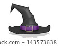 3D black witch hat with violet ribbon - isolated on white background 143573638