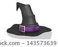 3D black witch hat with violet ribbon - isolated on white background 143573639