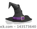 3D black witch hat with violet ribbon - isolated on white background 143573640