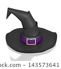 3D black witch hat with violet ribbon - isolated on white background 143573641