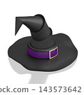 3D black witch hat with violet ribbon - isolated on white background 143573642