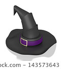 3D black witch hat with violet ribbon - isolated on white background 143573643