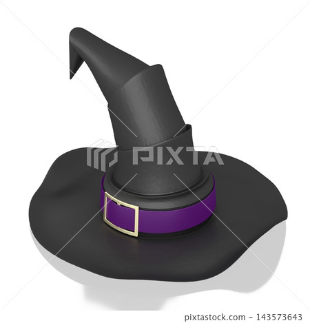 3D black witch hat with violet ribbon - isolated on white background 3D black witch hat with violet ribbon - isolated on white background 143573643