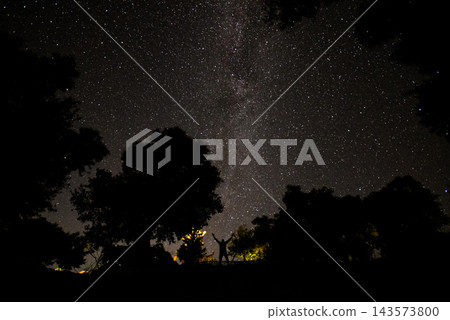 Man silhouetted under Milky Way in Crete night 143573800