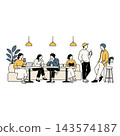 Simple line art illustrations of people enjoying reading, chatting, and working on their laptops in a cafe. 143574187