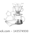 Glass pour over dripper, decanter, folded paper filters, and caffeine chemical structure. Hand drawn graphite pencil illustration of specialty coffee brewing kit. Graphic Isolated on white background 143574930