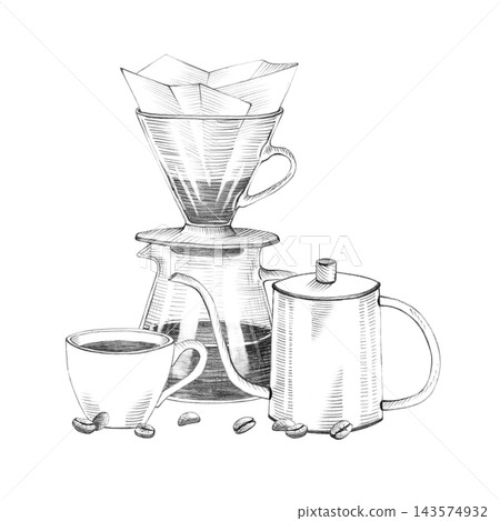 Pour over V60 dripper, gooseneck kettle, glass server, cup, and coffee beans. Alternative coffee brewing method concept. Hand-drawn graphite pencil sketch. Vintage engraving style isolated on white Pour over V60 dripper, gooseneck kettle, glass server, cup, and coffee beans. Alternative coffee brewing method concept. Hand-drawn graphite pencil sketch. Vintage engraving style isolated on white 143574932