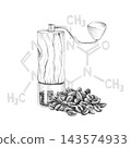 Hand drawn illustration manual coffee grinder, pile of roasted beans and caffeine chemical formula. Graphite Pencil sketch science and coffee brewing vintage composition isolated on white background 143574933