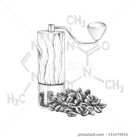 Hand drawn illustration manual coffee grinder, pile of roasted beans and caffeine chemical formula. Graphite Pencil sketch science and coffee brewing vintage composition isolated on white background Hand drawn illustration manual coffee grinder, pile of roasted beans and caffeine chemical formula. Graphite Pencil sketch science and coffee brewing vintage composition isolated on white background 143574933