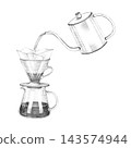 Liquid pouring from gooseneck kettle through paper filter into glass decanter with coffee. Hand drawn graphite pencil illustration of pour over coffee brewing process. Isolated on white background 143574944