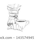 Hand drawn illustration of specialty coffee brewing with glass flask dripper, paper filter, hot cup and fresh croissant. Graphite Pencil sketch breakfast composition isolated on white background 143574945