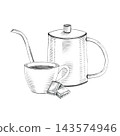 Gooseneck kettle, cup of hot coffee and chocolate pieces. Hand drawn illustration graphite Pencil sketch. Graphic monochrome of breakfast, coffee break composition isolated on white background 143574946