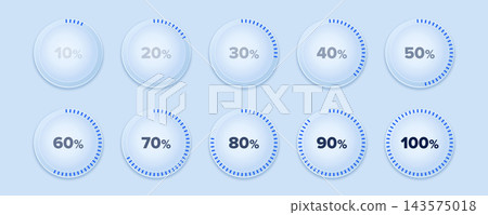 Vector set of ten circular glassmorphism percentage indicators from 10 to 100 percent with blue progress tick markers, translucent glass rings and numerical values on a light blue background. Vector set of ten circular glassmorphism percentage indicators from 10 to 100 percent with blue progress tick markers, translucent glass rings and numerical values on a light blue background. 143575018