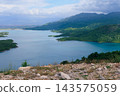 Panoramic Mountain Lake Landscape With Turquoise Water, Rocky Foreground and Lush Green Coastline 143575059