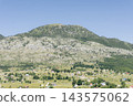 Mountain Village Landscape With Rolling Hills, Scattered Houses and Green Pastures Under Clear Sky 143575062