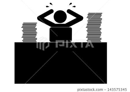 一幅象形圖，描繪了某人因堆積如山的工作而驚慌失措的情景。 143575345