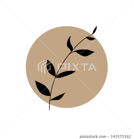 Botanical silhouette icon of branches and leaves (beige circular background) 143575382