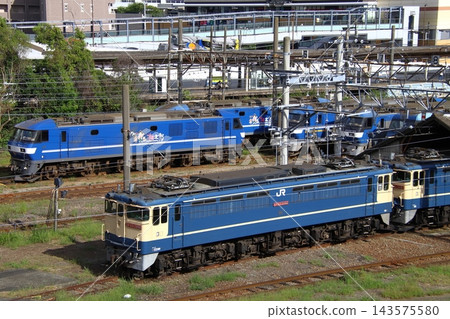 停放在新鶴見機務段(神奈川縣川崎市幸區)的新舊電力機車 停放在新鶴見機務段(神奈川縣川崎市幸區)的新舊電力機車 143575580