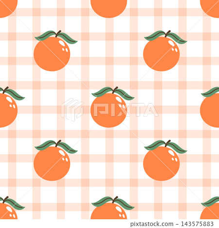 Seamless pattern with orange on a checkered background. Orange fruit gingham background. 143575883