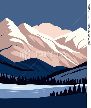 Snowy mountain landscape with hills and pine trees. Blue pink color Illustration. Snowy mountain landscape with hills and pine trees. Blue pink color Illustration. 143575887