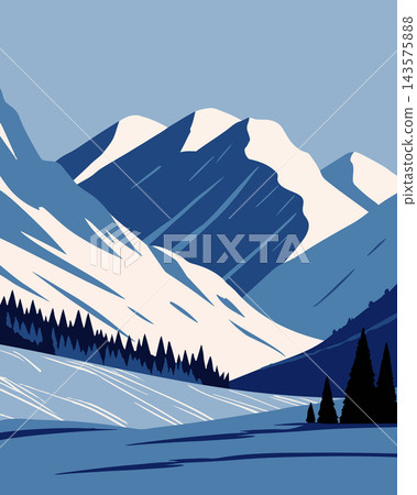 Snowy mountain landscape with lake and pine trees. Blue color Illustration. Snowy mountain landscape with lake and pine trees. Blue color Illustration. 143575888
