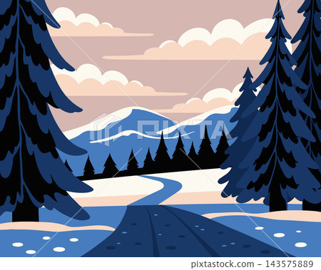 Winter mountain landscape with road in the snowy pine forest. Illustration. 143575889