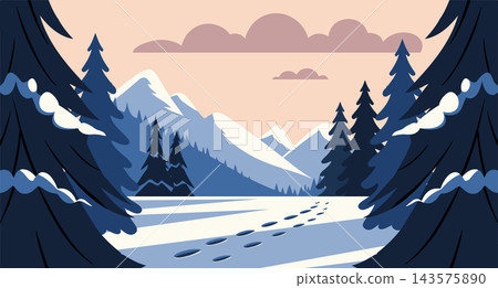 Winter mountain landscape with road, footprints in snow and pine trees. Illustration. Winter mountain landscape with road, footprints in snow and pine trees. Illustration. 143575890