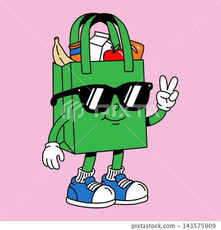 Cute Green Grocery Bag Character with Sunglasses Cartoon Illustration 143575909