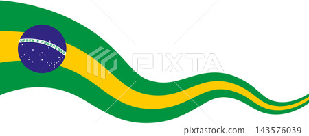 Waving Brazil flag ribbon, isolated on transparent background. Patriotic Brazilian banner with generous copy space. PNG. Vector 143576039
