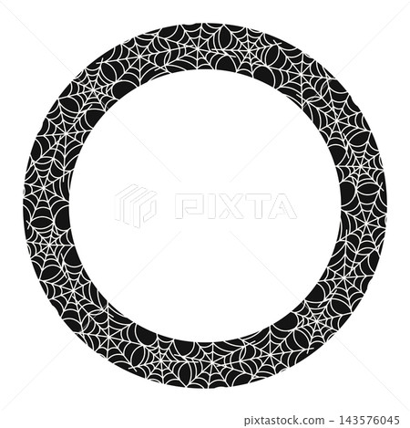 Circle ring frame filled with white spider webs on black background and empty center. Gothic Halloween round border, isolated on transparent background. PNG. Vector Circle ring frame filled with white spider webs on black background and empty center. Gothic Halloween round border, isolated on transparent background. PNG. Vector 143576045