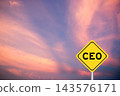 Yellow transportation sign with word CEO (Abbreviation of Chief Executive Officer) on violet color sky background 143576171
