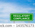 Green color transportation sign with word regulatory compliance on blue sky with white cloud background 143576173