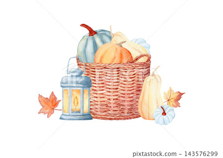 Wicker basket full of pumpkins, glowing blue lantern and red maple leaves autumn watercolor isolated illustration. Hand drawn cozy seasonal clipart in bright colors for Thanksgiving and fall decor. 143576299