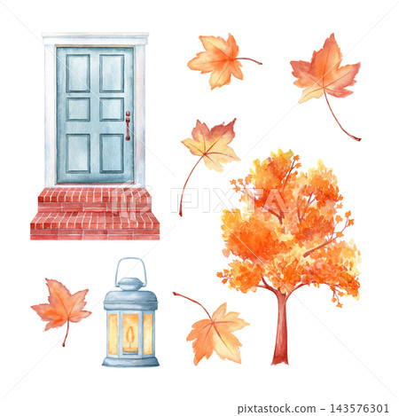 Blue front door, fall tree, lantern and maple leaves autumn watercolor isolated illustration set. Hand drawn seasonal bright clipart for Thanksgiving and cozy home decor. Realistic detailed drawing. Blue front door, fall tree, lantern and maple leaves autumn watercolor isolated illustration set. Hand drawn seasonal bright clipart for Thanksgiving and cozy home decor. Realistic detailed drawing. 143576301