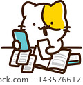A cute, stylized illustration of a cat character organizing receipts and expense reports to manage household finances. 143576617