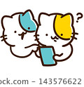 A cute, stylized illustration of a cat character who doesn't know how to use a smartphone and is being taught. 143576622