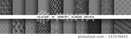 Geometric set of seamless black and gray patterns. Simple vector graphics Geometric set of seamless black and gray patterns. Simple vector graphics 143576643