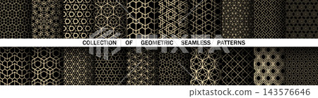 Geometric set of seamless black and golden patterns. Simple vector graphics Geometric set of seamless black and golden patterns. Simple vector graphics 143576646
