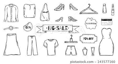 Hand drawn fashion items and discount signs for Black Friday sale. Clothing, shoes and accessories shopping promotion line art black ink sketch. Retail advertising and seasonal deals illustration set Hand drawn fashion items and discount signs for Black Friday sale. Clothing, shoes and accessories shopping promotion line art black ink sketch. Retail advertising and seasonal deals illustration set 143577160