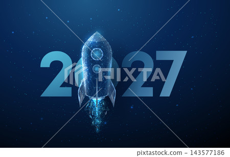 3D blue rocket and 2027 number. Startup launch, new year 2027, business growth, innovation, goal achievement, future vision, strategy, ambition, success concept 3D blue rocket and 2027 number. Startup launch, new year 2027, business growth, innovation, goal achievement, future vision, strategy, ambition, success concept 143577186