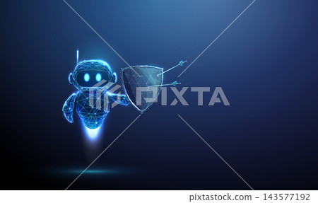 3D blue robot with shield and arrows. Cyber protection, data security, artificial intelligence, automation, firewall, threat defense, robotic guard, safety concept 3D blue robot with shield and arrows. Cyber protection, data security, artificial intelligence, automation, firewall, threat defense, robotic guard, safety concept 143577192