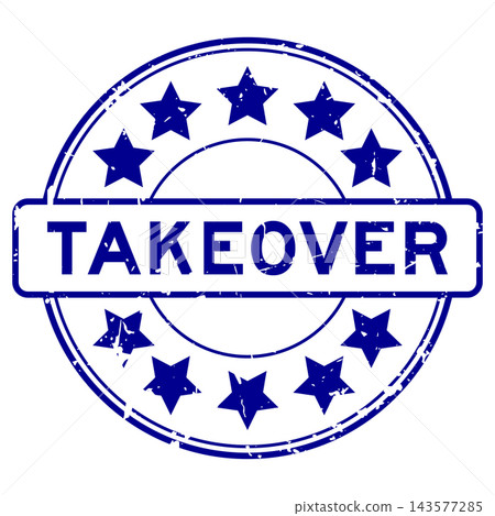 Grunge blue takeover word with star icon round rubber seal stamp on white background Grunge blue takeover word with star icon round rubber seal stamp on white background 143577285