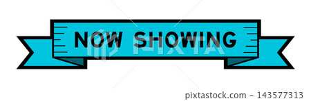 Ribbon label banner with word now showing in blue color on white background 143577313